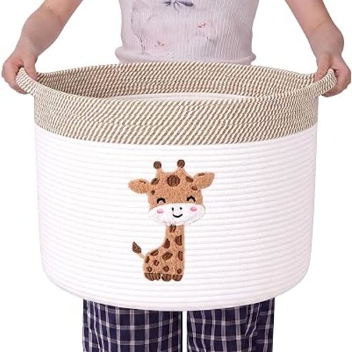LemonRoad Large Woven Bear Basket, Cotton Rope, Cute Giraffe, Brown White