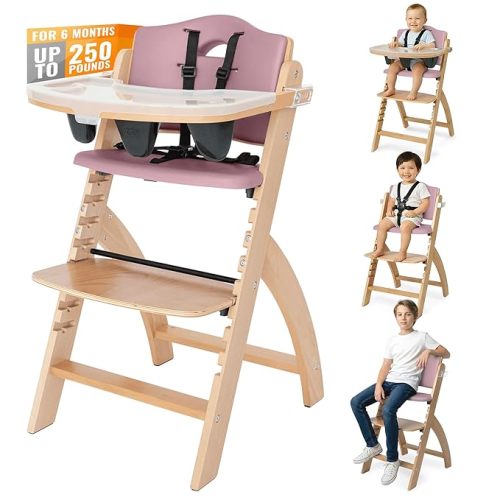 Abiie Beyond Junior Wooden High Chair for Babies and Toddlers - Convertible 3-in-1 Baby Highchair with Removable Tray - 6 Months to 250 Lb - Water Resistant - Natural Wood with Dusty Pink Cushion