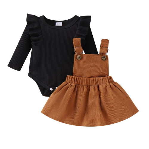 Hotiary Newborn Baby Girl Outfits Infant Ruffle Long Sleeve Ribbed Romper Corduroy Suspender Skirt Overall Dress Toddler Fall Winter Clothes Black