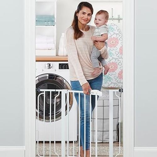 Regalo Safety 29-38.5" Baby Gate for Doorways & Bottom of Stairs, Pressure Mounted Baby Gate with Door for Babies, Toddlers & Pets, Tested & Safe for 30 Years, American Designed, American Owned, White