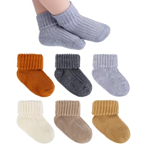 6 Pairs Baby Wool Socks Soft Winter Warm Thick Toddler Boys Girls Turn Cuff Thermal Crew Socks for Infant Little Kids