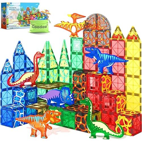 102PCS Dinosaur Toys Magnetic Tiles with 8 Dinosaurs - Jurassic Scenes Dinosaur World Adventure Set, Magnetic Blocks Kids Toys for Boys & Girls Ages 3+, Sensory Toddler Creative Kids Games Gifts