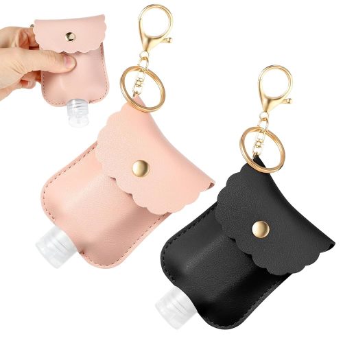 2Pcs Hand Sanitizer Holder Keychain, 60ml Portable Leather Sanitizer Travel Size Keychain Hand Sanitizer Case Refillable Container for Toiletry Lotion Liquid Soap Shampoo (Black, Pink)