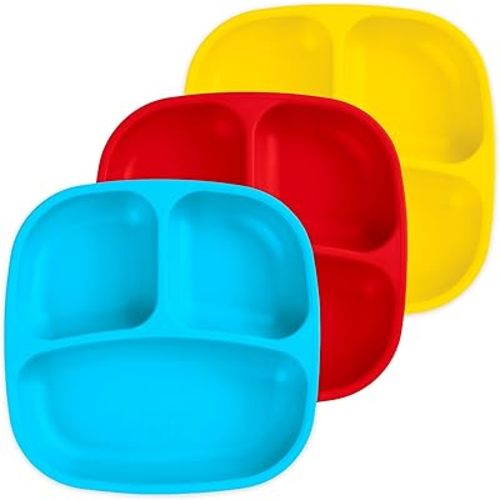 Re-Play Divided Toddler Plates Set of 3 - Deep-Walled 3 Compartment Kids Plates for Picky Eaters - Dishwasher & Microwave Safe - BPA-Free - Made in USA, Preschool
