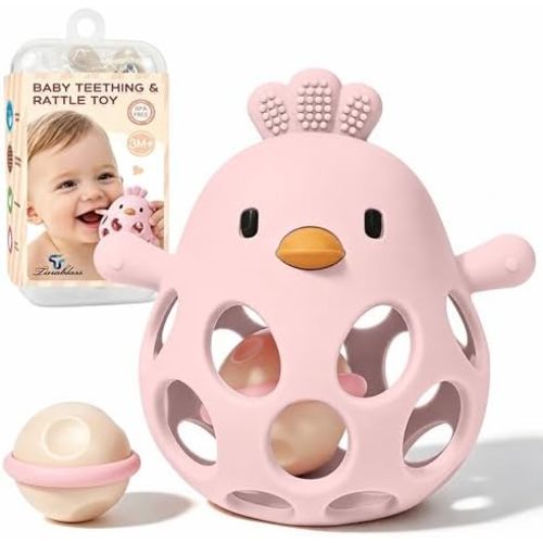 Tinabless Baby Teether Rattle Toys, 2-in-1 Easy Grip Silicone Teething for Babies 3-12 Months, BPA-Free Sensory Chew Toy for Sore Gums, Infant Gift (Pink w/Rattle)
