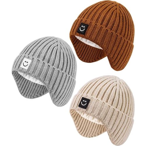 3 Pack Baby Beanie Hats with Earflaps, 2 Size Baby Winter Hat for Toddler Kids, Fleece Lined Knit Hat for Girls Boys