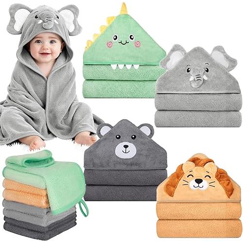 CandyHome 12 PCS Baby Bath Towels Set for Infants Toddlers, 4 PCS Animal Hooded Baby Towels & 8 PCS Washcloths Set, Ultra Absorbent Cute Soft Newborn Essentials Gift for Boys & Girls
