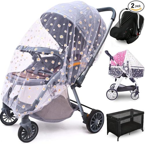 Baby Stroller Mosquito Net (2 Pack) - Durable Mesh Protection for Bassinets, Cradles, Playards, Pack N Plays & Portable Mini Cribs | Breathable Universal Fit Insect Barrier (Black + Daisy)