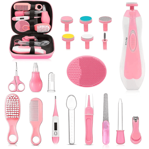 Baby Healthcare and Grooming Kit, 26 in 1 Portable Baby Safety Care Set with Hair Brush Comb Nasal Aspirator Electric Nail Trimmer Set Baby Essentials kit for Newborn Boys Girls (Pink)