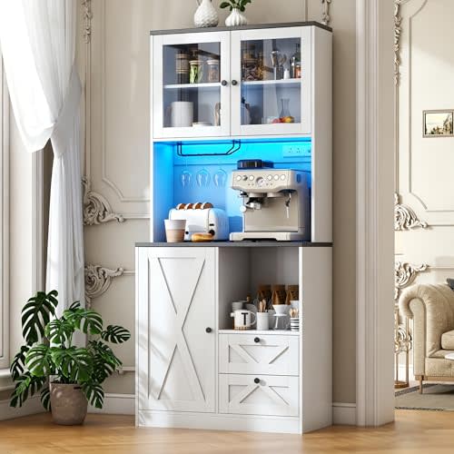 71" Tall Coffee Bar Cabinet with Storage Hutch, Farmhouse Kitchen Pantry Cabinet with LED Lights Microwave Stand and Glass Holder for Home Dining Room Kitchen,White