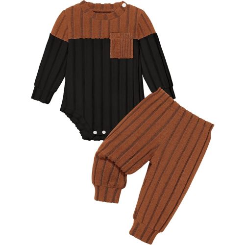 Baby Boy Clothes Color Block Ribbed Knitted Outfits Long Sleeve Romper+ Pants 2PCS Outfit 0-12 Months