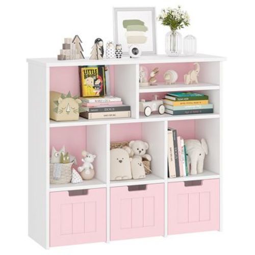 Toy Storage Cabinet, Kids Toy Shelf, Bookshelf with Hidden Wheels, 3 Removable Drawers for Bedroom, Playroom and Nursery, White Pink