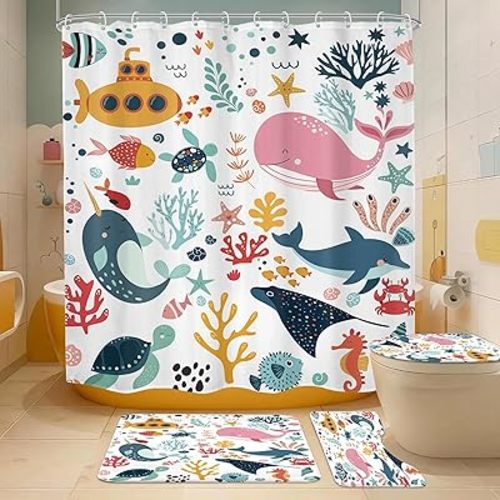 4 PCS Kids Shower Curtain Set 72Wx72H Kid Toddler Bathroom Set Summer Ocean Fish Cute Whale Funny Underwater Bath Rug Toilet Lid Cover U Shape Mat Accessories 12 Hooks Bathroom Decors
