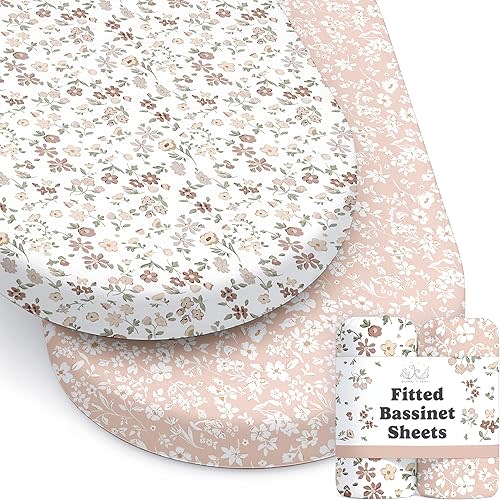 Baby Bassinet Sheets Girl (Fleurette) 2-Pack - Fitted Bedside Bassinet Sheets - Buttery Soft Cotton Blend for Standard Mattress Pad - Compatible with Halo BassiNest