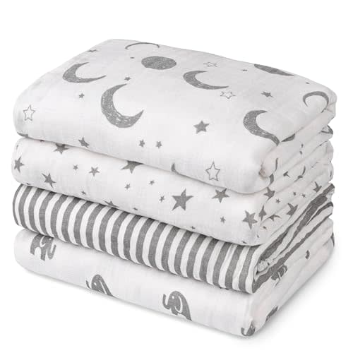 GLLQUEN BABY Muslin Swaddle Blankets 4-Pack Breathable Receiving Blankets (35" x 40") Soft Baby Blankets for Girls and Boys Newborn Essentials Muslin Burp Cloths Swaddle Wrap Baby Gift (Elephant)