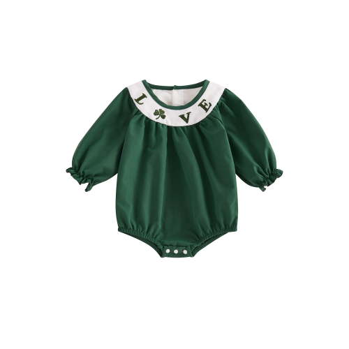 Suealasg Baby Girls Romper, Long Sleeve Crew Neck Embroidery Letters Shamrock Bodysuit Irish Holiday Clothes