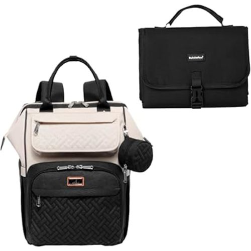 BabbleRoo Portable Changing Pad Black & Wide-top Diaper Bag Apricot