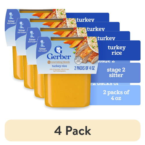 (4 pack) Gerber Stage 2 Baby Food, Turkey Rice Puree Tub, Baby Puree, 2PK 8 oz