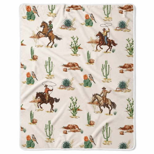 Western Cowboy Sherpa Blanket, Rustic Desert Print Polyester Fleece Throw