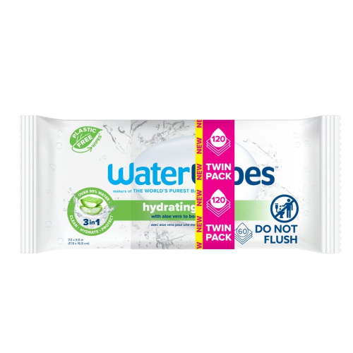 (4 pack) WaterWipes Hydrating Clean 99% Water Based Aloe Vera Baby Wipes, 2 Resealable Packs (120 Wipes)