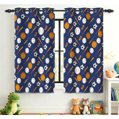 Dark Blue Sports Balls Kids Blackout Curtains Baseball Basketball Soccer Grommet Curtains 63 Inch Length Boys Multi-Ball Thermal Insulated Drapes for Nursery Playroom, 2 Panels, 42" x 63"