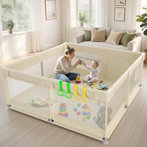 ZEEBABA Beige Baby Playpen 59x59 in, Playpen for Babies and Toddlers, Play Pen for Kids, Play Yard for Infants with Gate (Without mat)
