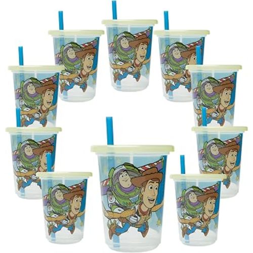The First Years Take & Toss Toy Story Straw Cups - Spill-Proof Kids Cups with Snap-On Lids and Straws - Portable and Dishwasher Safe - 10 Oz - 10 Count - Ages 18 Months and Up