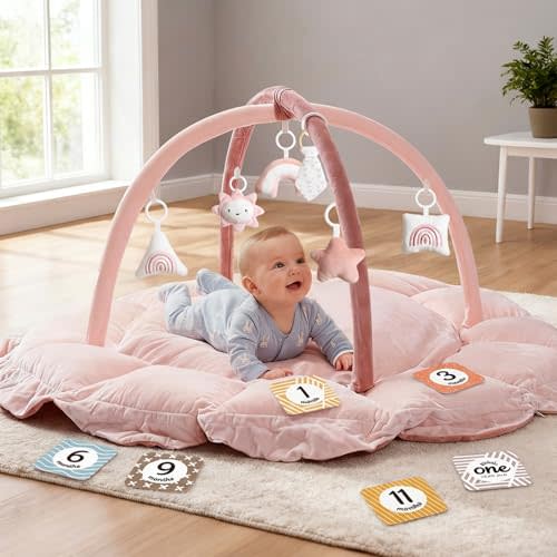5-in-1 Thick & Plush Baby Play Gym, Baby Play Mats for Floor, Tummy Time Mat with 6 Toys, Convertible Stage-Based Developmental from Babies to Toddlers, Ball Pit, Pink