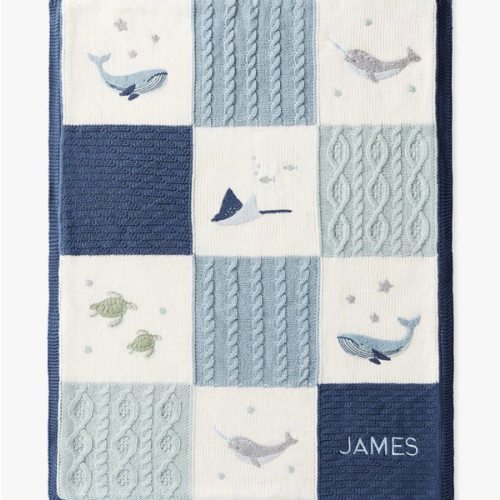 Whale Heirloom Sherpa-Backed Patchwork Knit Baby Blanket