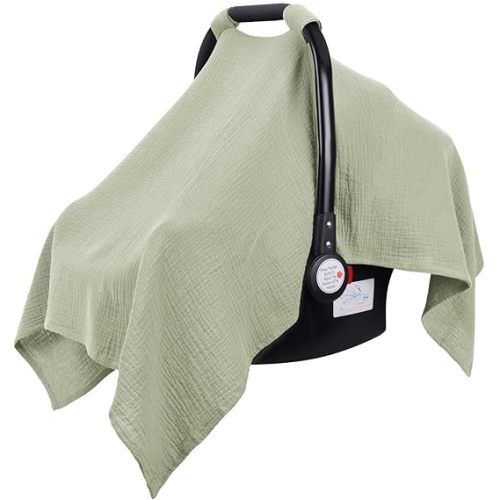Metplus Muslin Car Seat Cover for Babies, 100% Cotton Breathable Infant Carseat Canopy for Summer, Lightweight Stroller Sunshade Covers for Newborns (Sage)