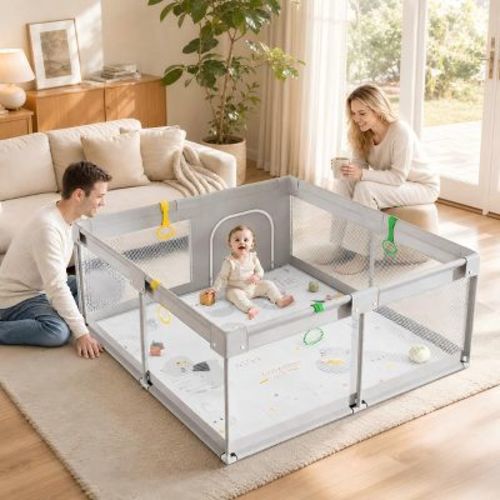 Fodoss Baby Playpen with Play Mat 59x59 Inch Extra Large Playpen for Babies Toddlers Indoor Play Yard Infant Kids Play Center (light grey set)
