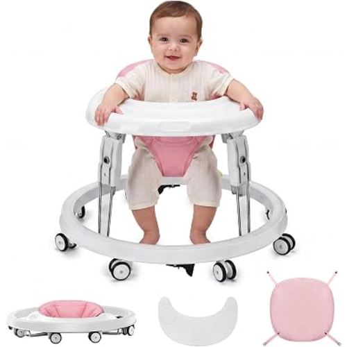 Baby Walker with Wheels, One-Touch Folding, Height Adjustment Baby Walkers | Large Dinner Plate, Brake, Walker for Baby Boy Girls 6-18 Months, Pink