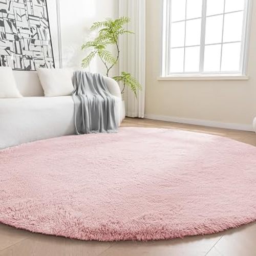 Amazon Basics Fluffy Washable Round Area Rug, Circle Shaggy Carpet for Living Room, Bedroom, Nursery, 4'R, Pink