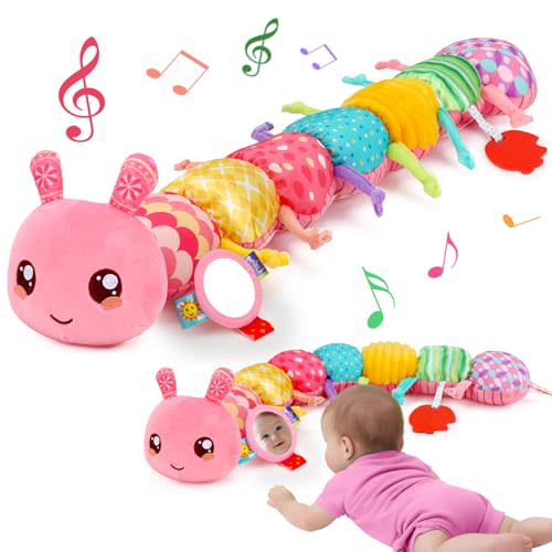 Baby Girls Toys 0-6 Month Music Animal Stuffed Caterpillar Toy for Infant 0-3 3-6 Months with Mirror Crinkle Rattle Tummy Time Sensory Toys for 3 4 5 6-12 Month Old Newborn Baby Shower Birthday Gifts