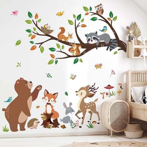 decalmile Woodland Animal Tree Branch Bear Fox Deer Wall Decals Stickers