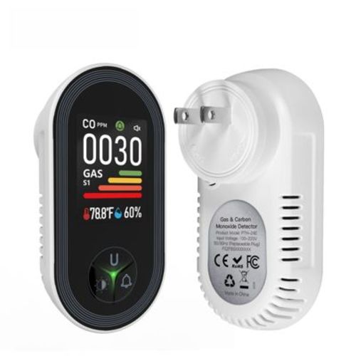 Skyzone 4-in-1 Plug-in Alarm: Monitors CO, Combustible Gas, Temperature & Humidity for Home, RV,Carbon monoxide detector Black + White