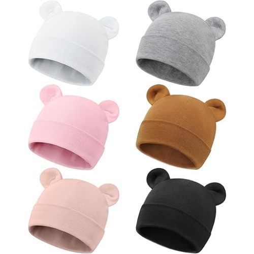 DRESHOW BQUBO 6 Pcs Newborn Baby Beanie with Bear Ears Cotton Hospital Hat Preemie Infant Caps for Baby Boy Girls 0-6 Months