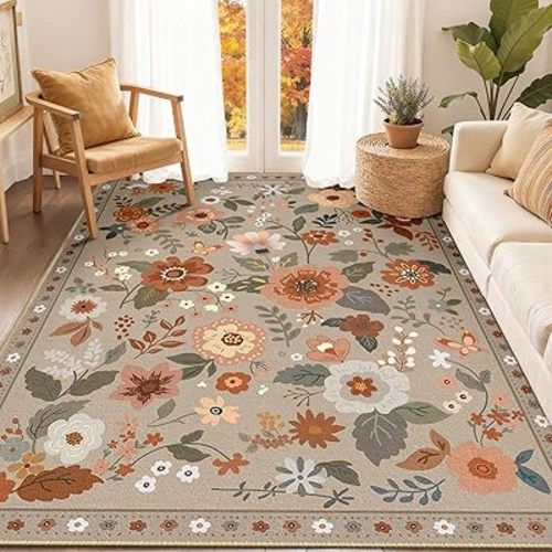 RELEANY Floral Nursery 5x7 Area Rugs Machine Washable Soft Print Boho Carpet Non Slip Flower Doormat Low Pile for Living Room Kids Girls Room Bedroom Kitchen Dining Room Indoor-Brown/Brick