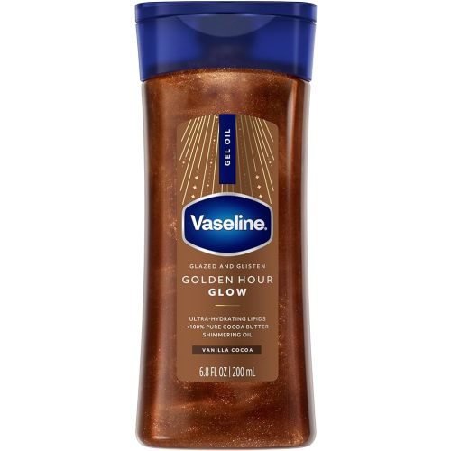 Vaseline Glazed and Glisten Golden Hour Body Gel Oil Glow Vanilla Cocoa Shimmering with Ultra-Hydrating Lipids and 100% Pure Cocoa Butter, 6.8 Oz