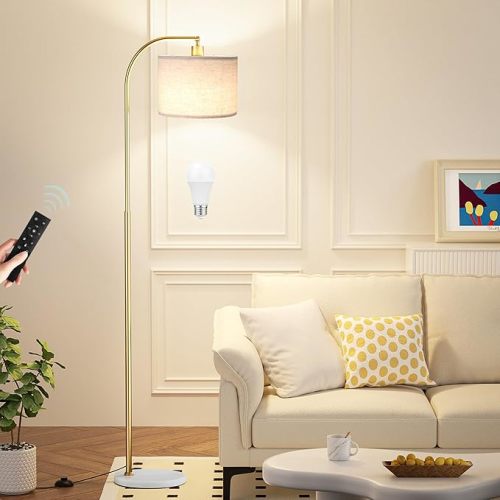 Ambimall Arc Floor Lamp with Remote and Stepless Dimmable Bulb, Colors Temperature & Brightness Adjustable, Gold Floor Lamps for Living Room（Deep Beige Shade & Gold Pole）