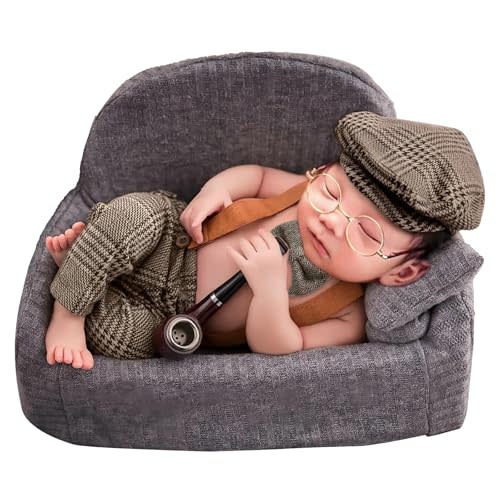 4 Pcs Newborn Baby Photo Props, Lattice Rompers Suspender Pants with Beret Glasses Bow Tie for Infant Boys' Costumes, Newborn Boy Photography Outfit Set, Checked Fabric Gentleman Suit (Brown)