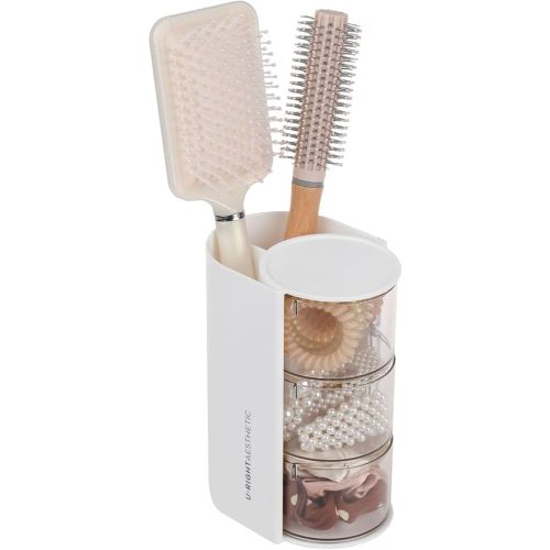 FABROK 3-Layer Clear Hair Accessories Organizer with Hair Brushes Holder, Rotatable Small Jewelry Box for Clip Earring Necklaces, Desktop Organizer Case for Cotton Swab, Accessories