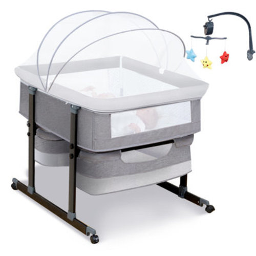 Twin Bassinet For 2 Babies - Double Bassinet For Twins With Music Toys, Mosquito Net & Storage Basket Portable Foldable Bedside Sleeper For Newborns, Khaki | Wayfair