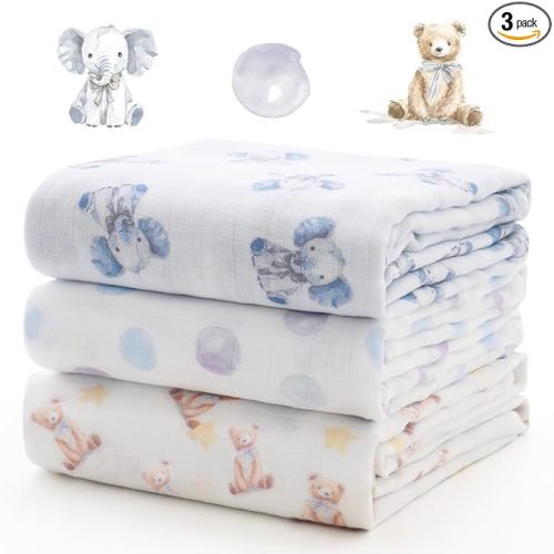 Momcozy Muslin Best Wishes Swaddle Blankets, Ultra Soft Neutral Registry Essentials, Whispering Bears & Elephants, Breathable Large 47'' x 47'' Newborn Boys Girls Receiving Blanket