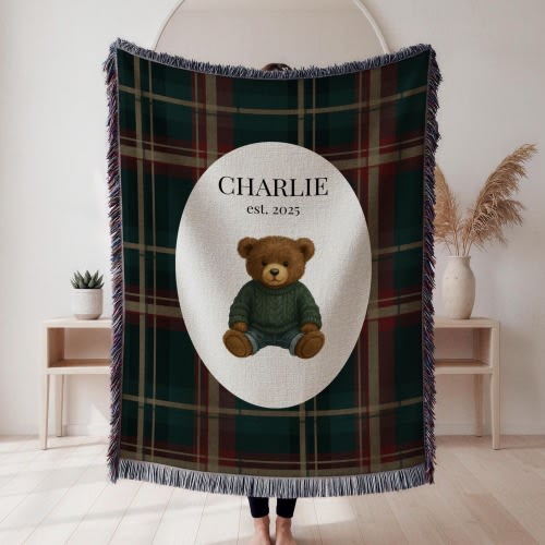 Bear Personalized Kids Blanket - Dark Tartan Woven Throw, Custom Name & Est. Year, Baby Gift, Nursery Room Decor, Holiday Baby Shower Gift