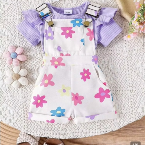 2pcs Baby Girl Cute Short Sleeve Ribbed Romper & Printed Suspender Shorts Set, Lightweight Summer | SHEIN USA
