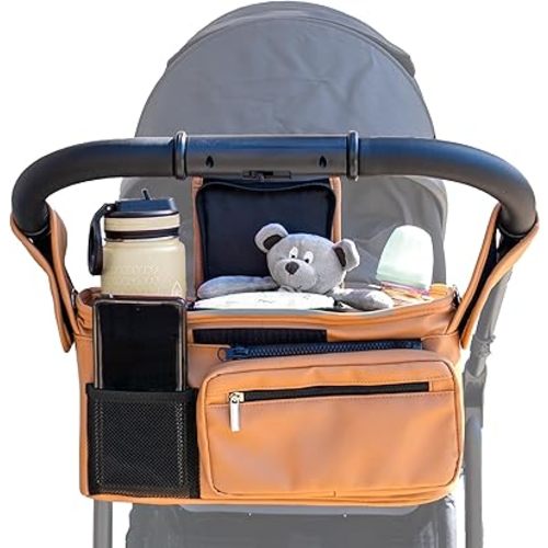 Vegan Leather Stroller Caddy with Cup Holder, Universal Stroller Organizer with Non-Slip Hooks, Shoulder Strap for UppaBaby, Mockingbird, Nuna, BOB and more