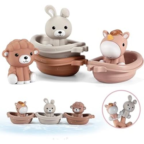 Nueplay Bathtub Toys for Toddlers 18M+，Baby Bath Toys with Animal Finger Puppets，Stackable Boat Train，Gift for Baby & Toddlers Set of 6