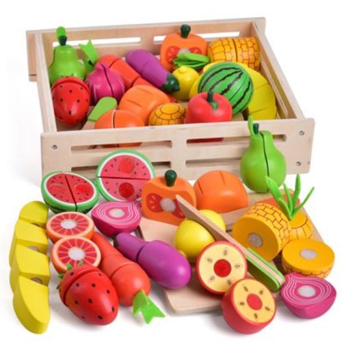35Pcs Wooden Cutting Food Play Set with Storage Crate, Pretend Fruit & Veggie Toys, Play Kitchen Accessories for Kids