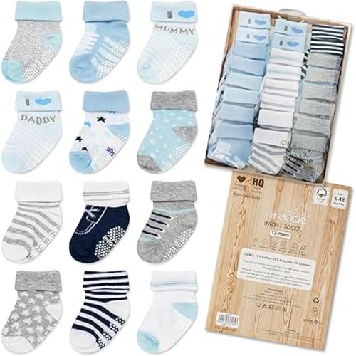 Baby Socks Newborn Socks 12 Pairs - (6-12 Months) – Soft And Comfortable Babies Grip Sock, Premium Newborn Baby Sock, Gift For Little Boys
